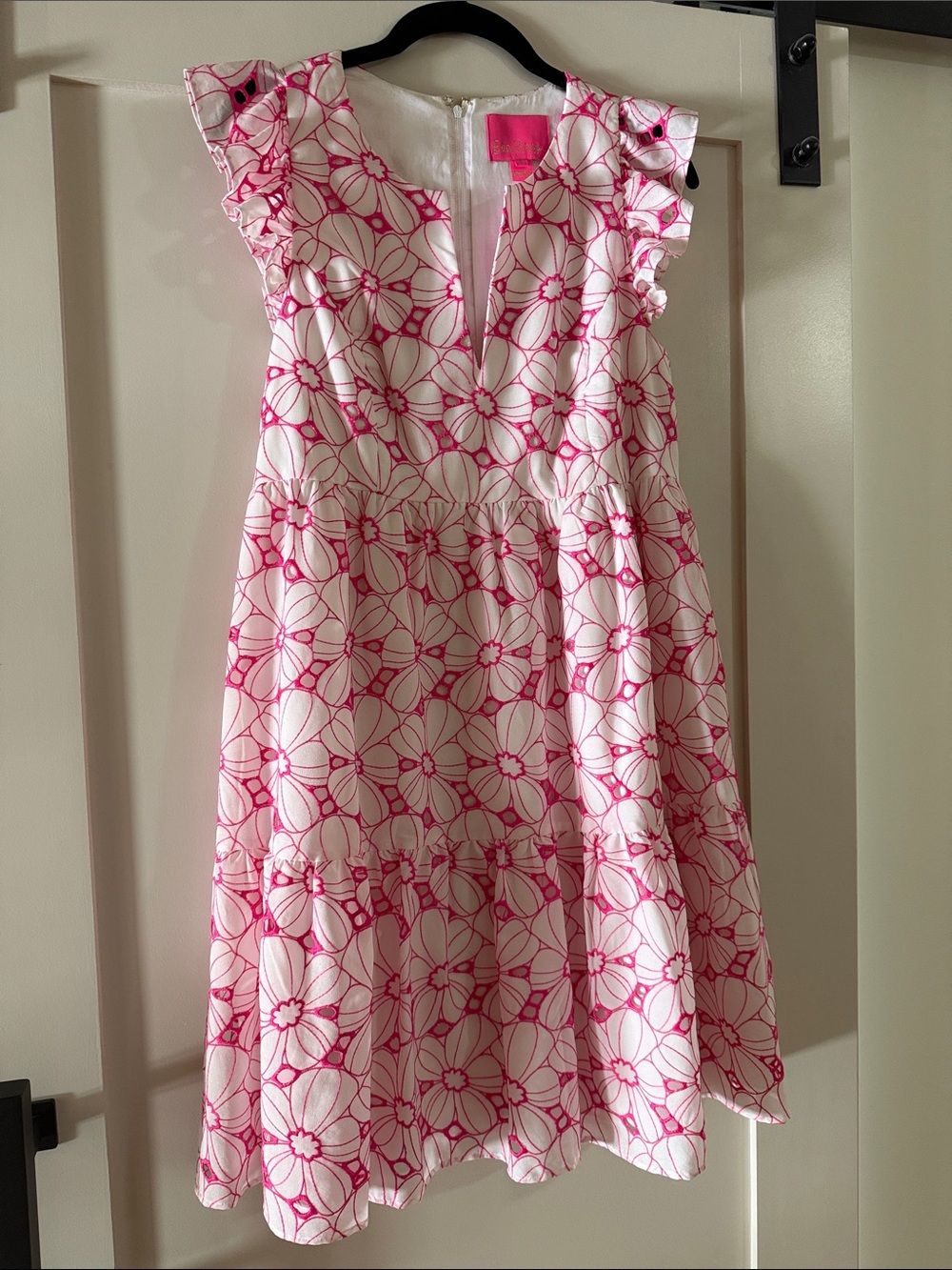 Lilly Pulitzer White Dress with Hot Pink Floral Outline Ruffle Sleeves